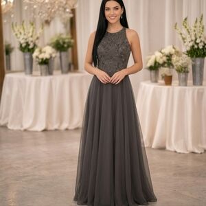 J Kara Beaded Bodice Gown 6P NWT Gray Formal Evening Dress Petite Vintage Glam